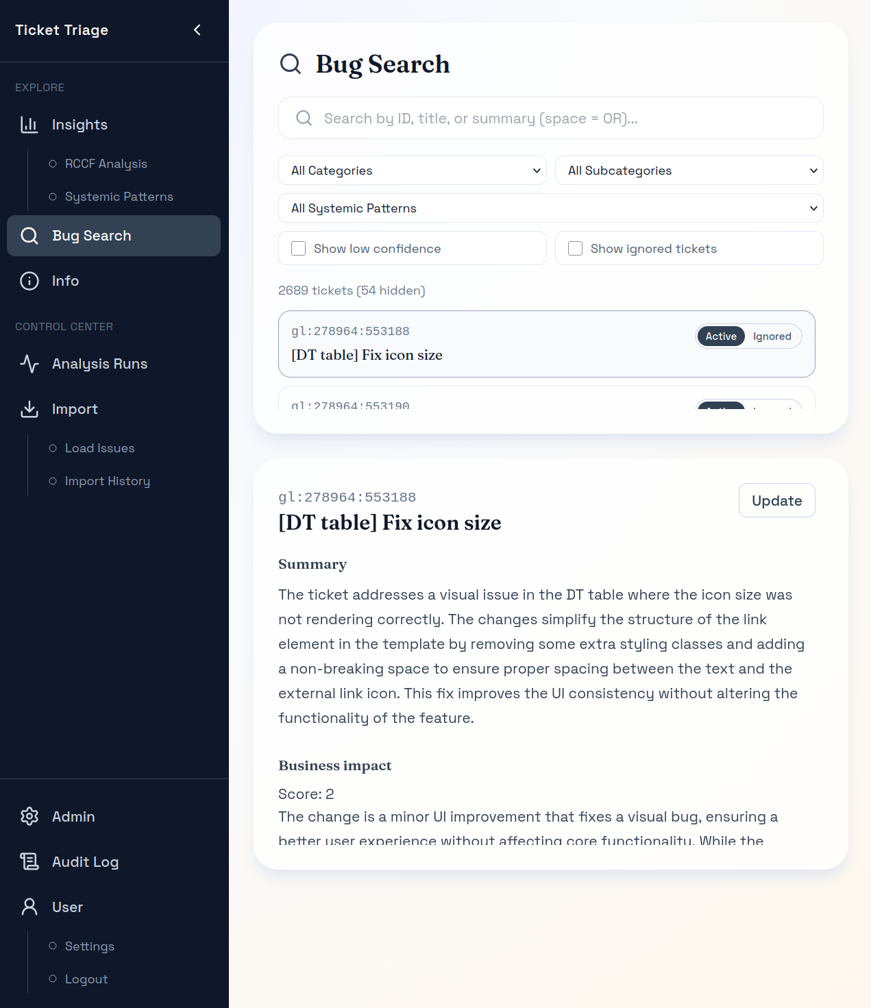 Ticket search view showing a bug record and its summarized details
