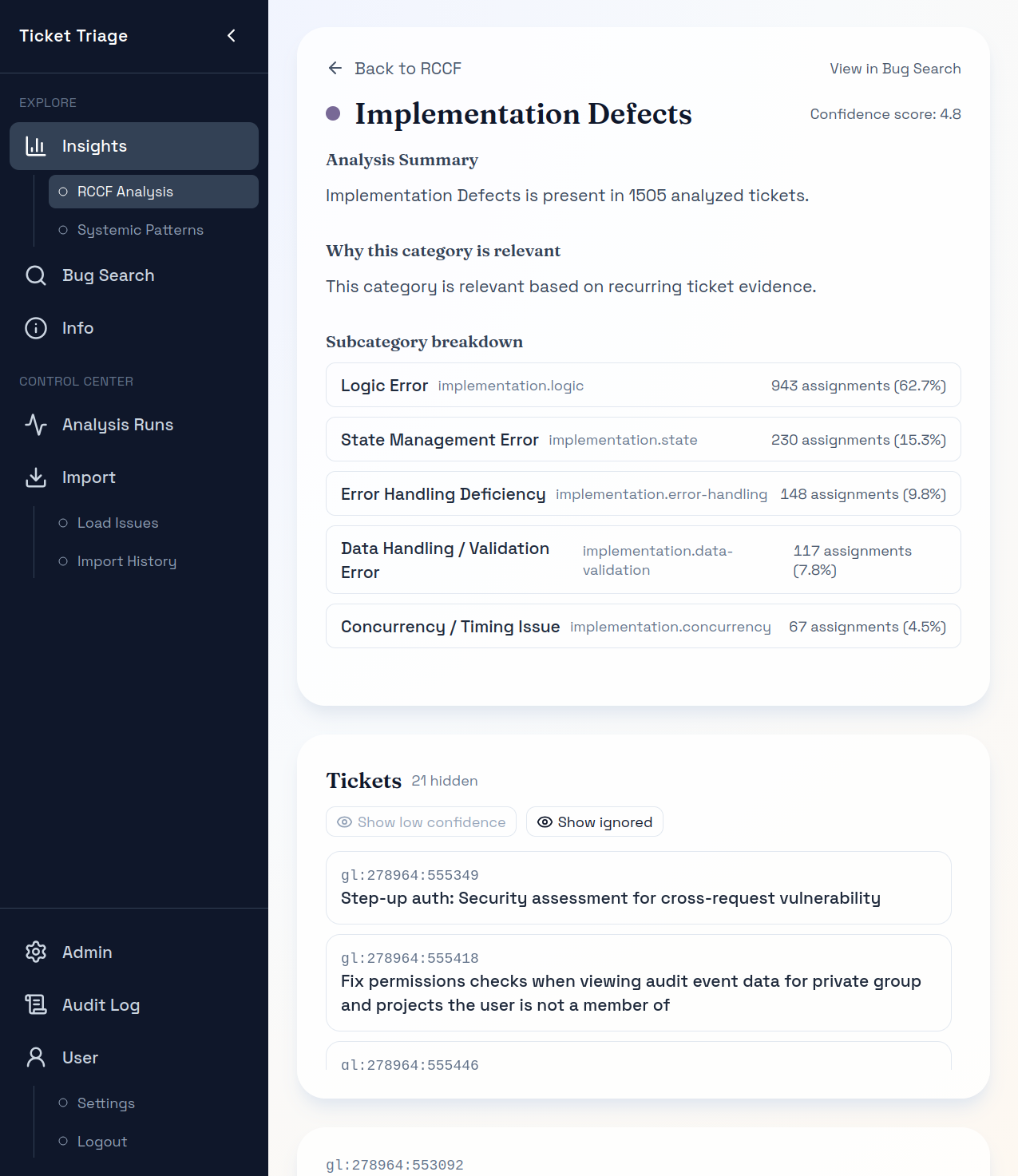 Detailed recurring bug category view with subcategory breakdown and linked tickets